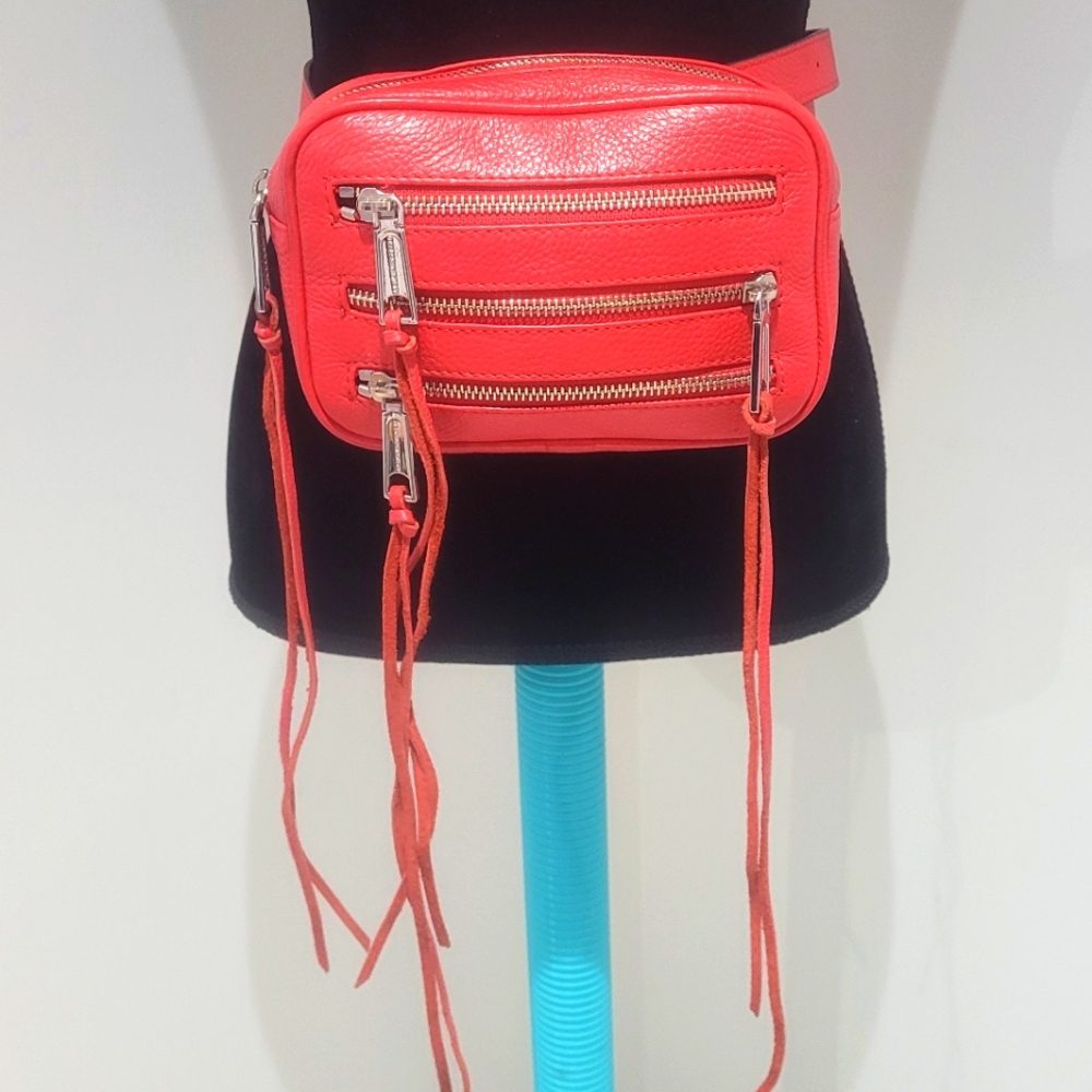 Rebecca Minkoff Women's 4 Zip Moto Pebble Leather Belt Bag Bright Red Designer